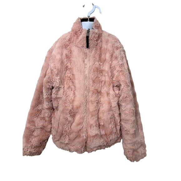 Me Jane Girls’ Reversible Jacket Black Puffer Pink Faux Fur 12 Zip Band Collar - Picture 11 of 13